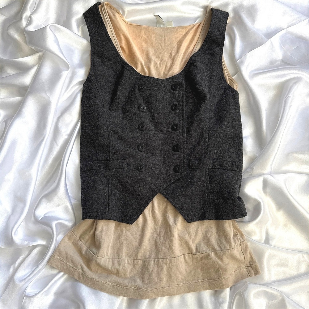 GO International Women Charcoal Grey Double Breasted Vest Layered Tank Top Small